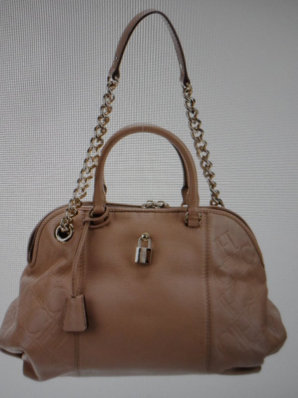 Carolina Herrera Nude Embossed Leather Satchel Shoulder Bag